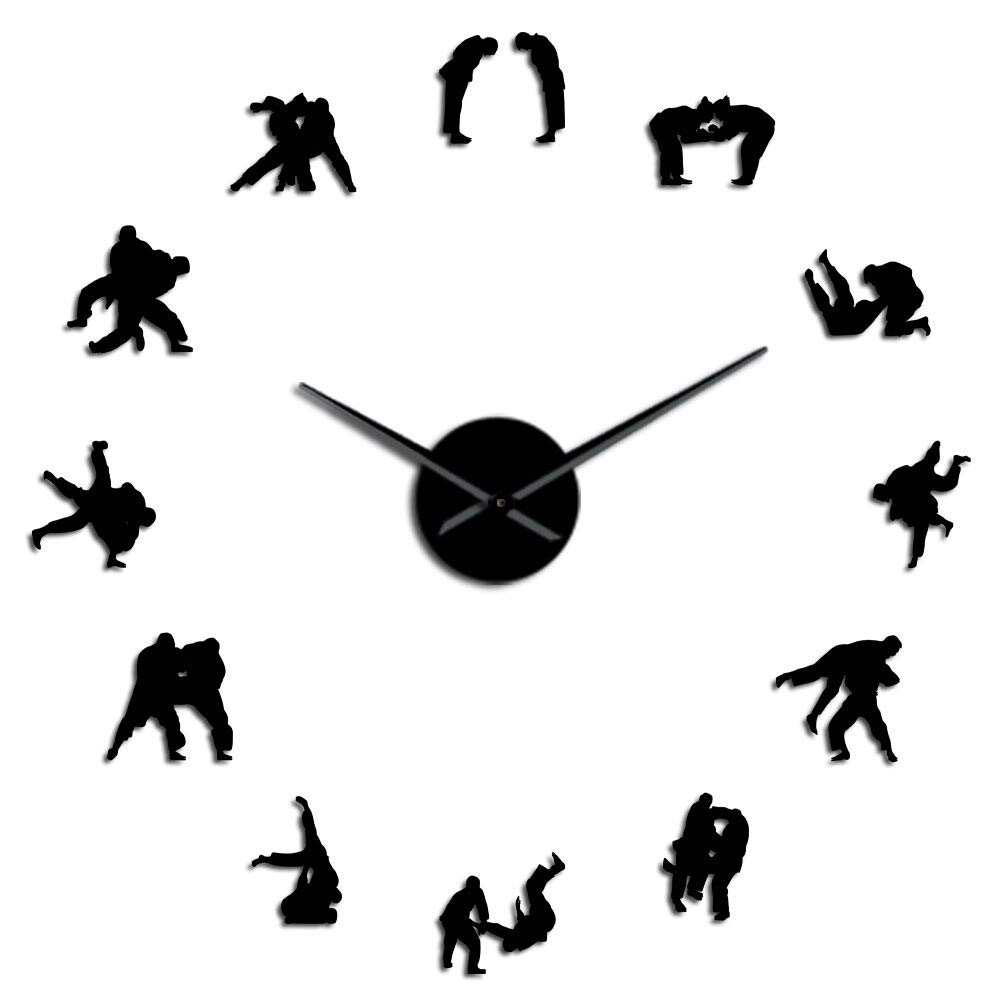 YH Japanese Martial Art Judo Players Silhouette DIY Wall Art Decorative Large Wall Clock Judo Wrestler Hanging Frameless Wall Watch(Black,27in)