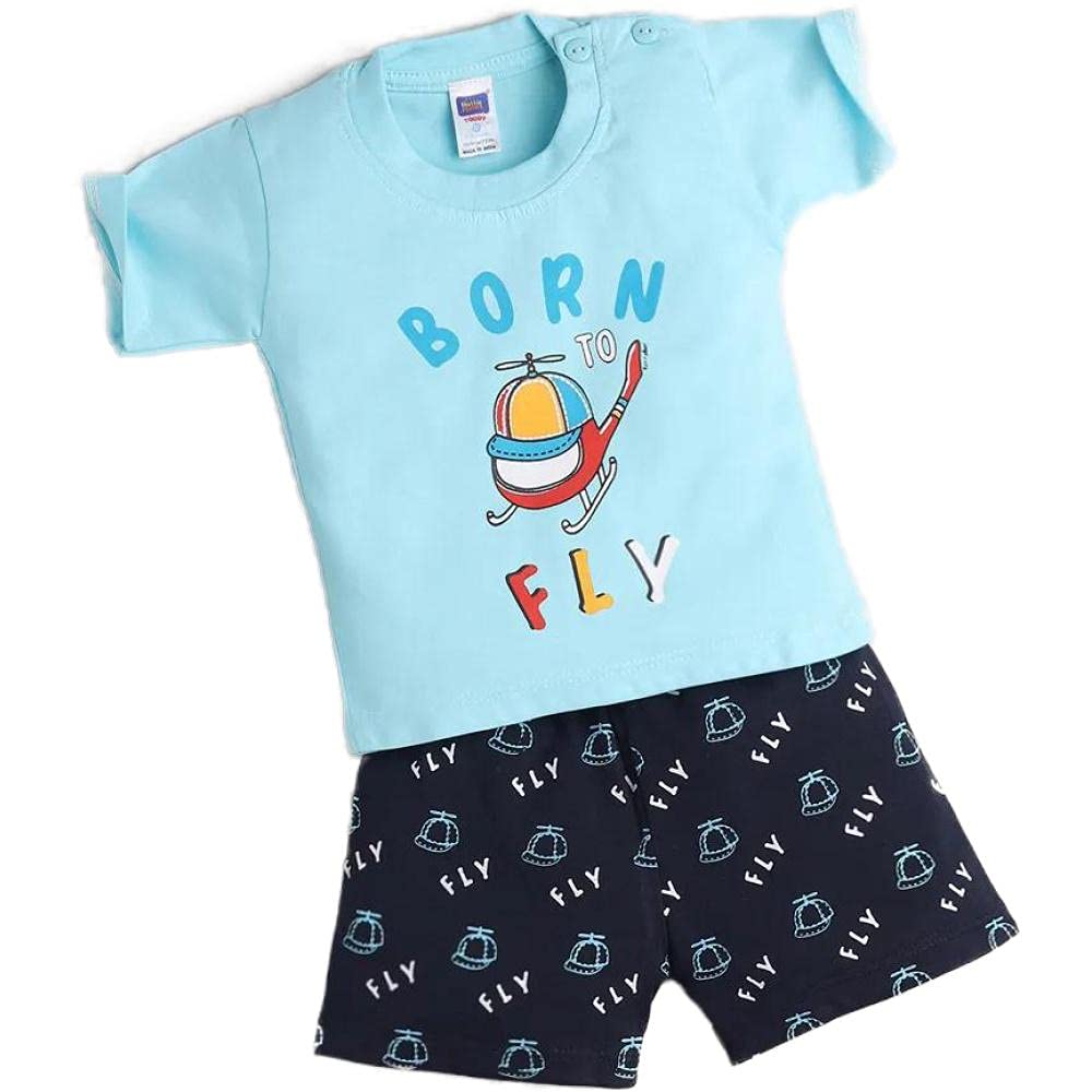Boys Cotton Half Sleeves Printed T-Shirt and Short Set in Blue Color