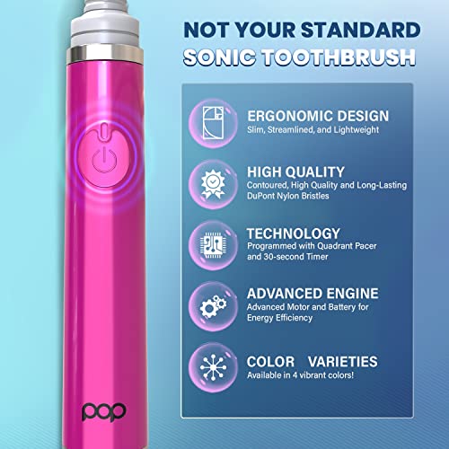 Pop Sonic The Ultimate Pro Toothbrush (Pink) | Rechargeable Toothbrush W/Up To 40,000 Brush Strokes/Minute -Long-Lasting Dupont Nylon Bristles -Teens & Adult Toothbrush W/Quadrant Pacer & Timer #TOP2