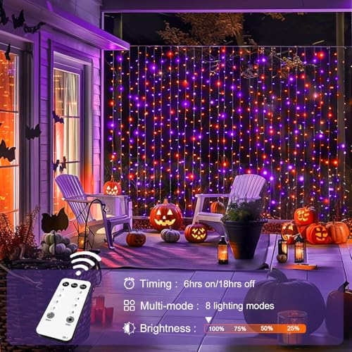 Image of JMEXSUSS 300LED Halloween Curtain Lights, Orange and Purple, 9.8x9.8ft