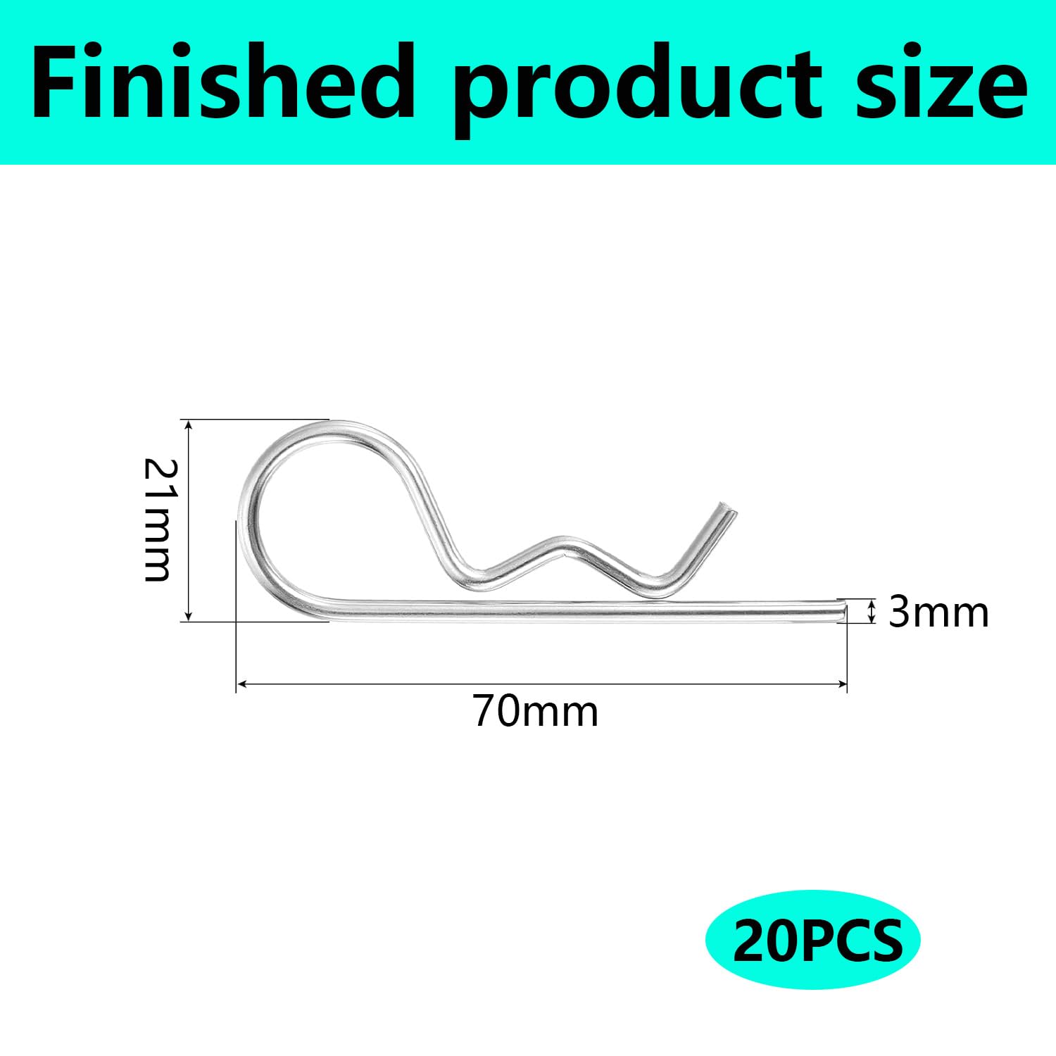 QZKJQDD 20 Pack Stainless Steel R Shaped Spring Cotter Pins, 3mm x 70mm R Clips, R Shaped Clips - Image 2