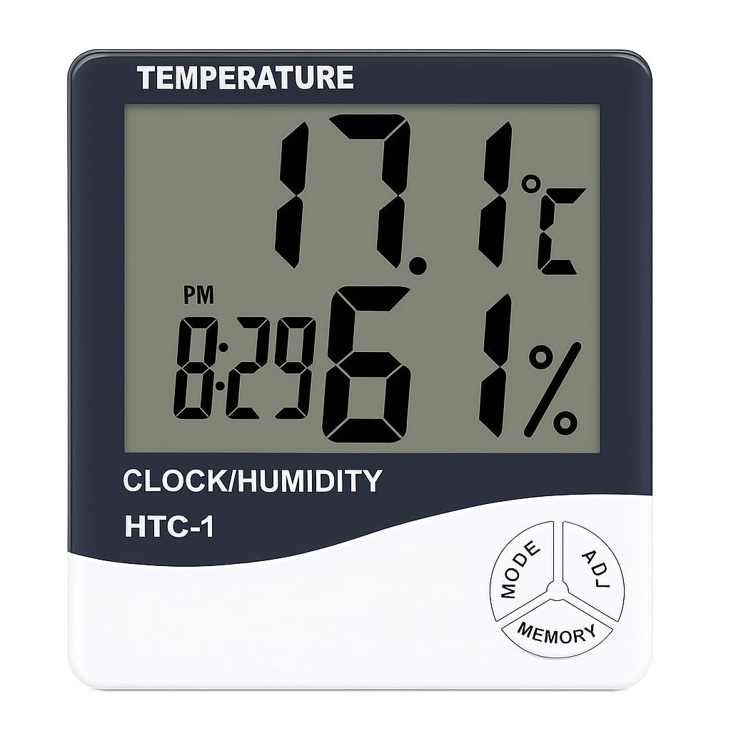Dr. Care HTC-2 Room Thermometer with Humidity Incubator Meter and Accurate Temperature Indicator Wall Mounting LCD Digital Clock Monitor for Indoor/Outdoor (White) (HTC-2)