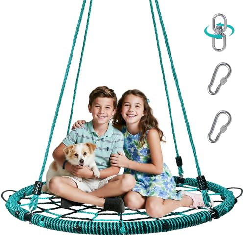 Image of Trekassy 750lbs 40 inch Spider Web Saucer Tree Swing for Kids Adults, Outdoor Net Swing with Steel Frame and 2 Hanging Straps-Green+Black (Patented)