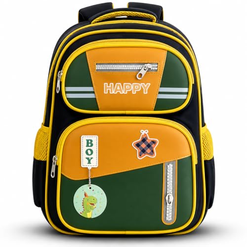 Image of School Bag for Kids Boys & Girls 5-10 Years - Cute Cartoon Dinosaur Backpack Large Capacity Waterproof School Bag with Bottle Pocket Multi-Compartment Lightweight Bag for Nursery & Primary