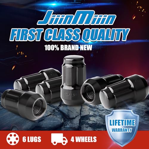 Image of JiiinMiiin M10x1.25 ATV Lug Nuts - 16pcs Closed End 6 Spline 10x1.25 Wheel Nuts Cone /Acorn Seat with Socket Key, Black