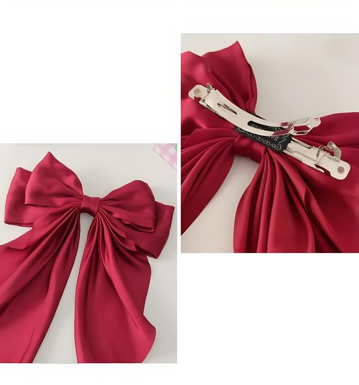 Image of FilterFashion Big Satin Layered Hair Bows for Women Girls 11.5 Inch Barrette Hair Clip Long Back Ribbon Bows French Style Hair Accessories (Maroon)