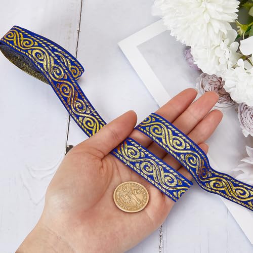 GORGECRAFT 7 Meters Double Side Jacquard Ribbon 2cm Wide Boho Vintage Metally Embroideried Lace Trim Ethnic Woven Edge Fringe Fabric Flat Trim for Sewing Clothing Curtain Gift Wrapping Applique Blue - Image 3