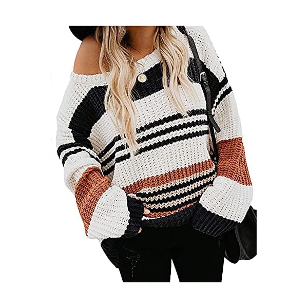 ZESICA Women's 2024 Fall Long Sleeve Crew Neck Striped Color Block Casual Loose Knitted Pullover Sweater Tops,Black,Medium