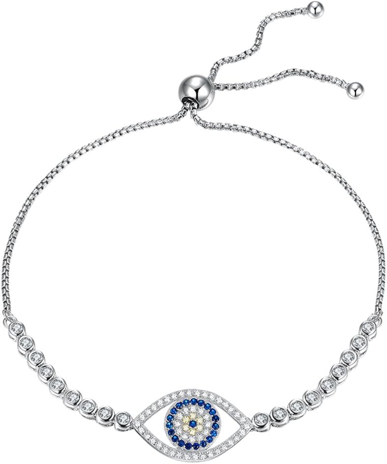 TONGZHEBlue Evil Eye Tennis Bracelet in Sterling Silver 925 with Cubic Zirconia CZ and Adjustable 10" Box Chain