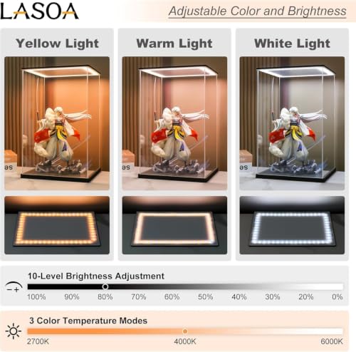 LASOA Acrylic Display Case with Warm Color Changing LED Light, Clear Display Box for Action Figures and Collectibles, Self-Assembly Dustproof Showcase with Black Base, 11.8x11.8x15.7inch by LASOA - Used condition - Image 8