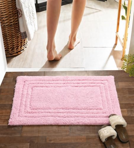 Image of Soft Cotton Linea Design Bath Mat | Anti Slip Anti Skid Backing Absorbent Soft Tufted Floor Rug for Bathroom Kitchen Bedroom Pooja Room Home Decor (50X80 CM, Pink)