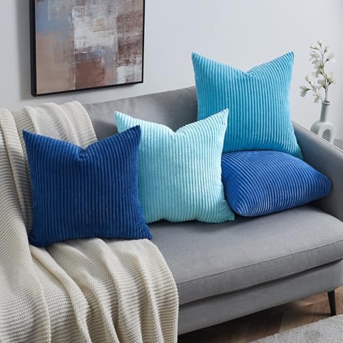 Image of Topfinel Blue Decorative Throw Pillow Covers 16x16 Inch Set of 4,Soft Accent Corduroy Striped Gradient Color Small Cushion Cover for Beach,Patio,Balcony,Couch Living Room,Summer Home Decor