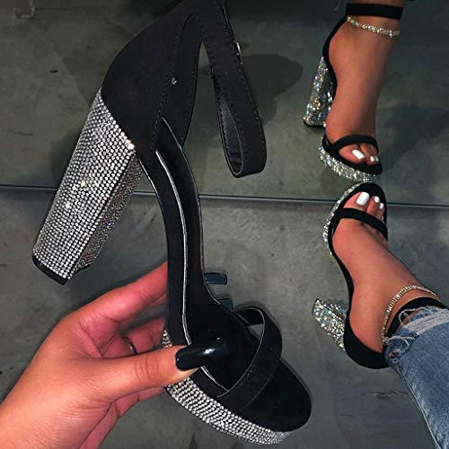 Pumps For Women Sexy,High Heels Sandals With Rhinestone Ankle Strappy Clear Chunky Block Heels Dress Party Pumps Shoes #TOP2