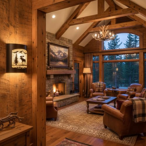 Image of Rustic Moose and Pine Tree Wall Sconce | Lodge Cabin Decor, Woodland Nature Design, Light Fixture