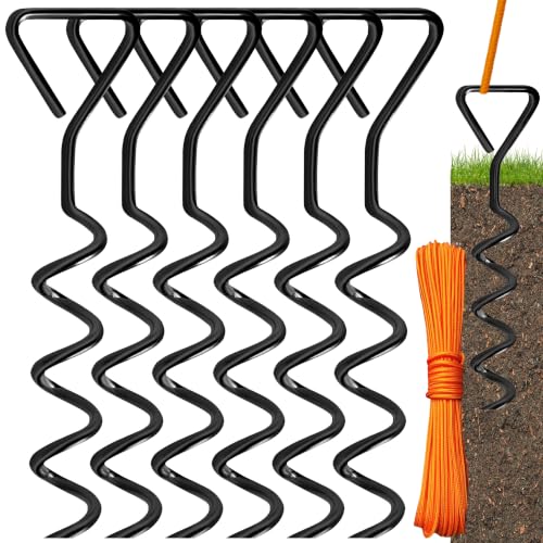 Trampoline Anchors Stakes Tent Garden Stake Heavy Duty Trampoline Parts Tent Canopies Carports Swing Sets Small Stake Corkscrew Shape Steel Stakes Anchor Kit Bonus 6 Strong Belt Black