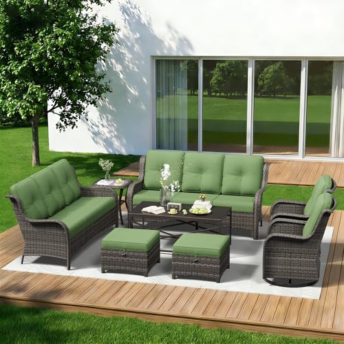 Image of 8 Piece Outdoor Wicker Patio Furniture Set, Outdoor Swivel Rocker Patio Chairs Set with Thickened Olefin Cushions, High Back and Deep Seating, Hand-Woven PE Rattan for Porch, Deck