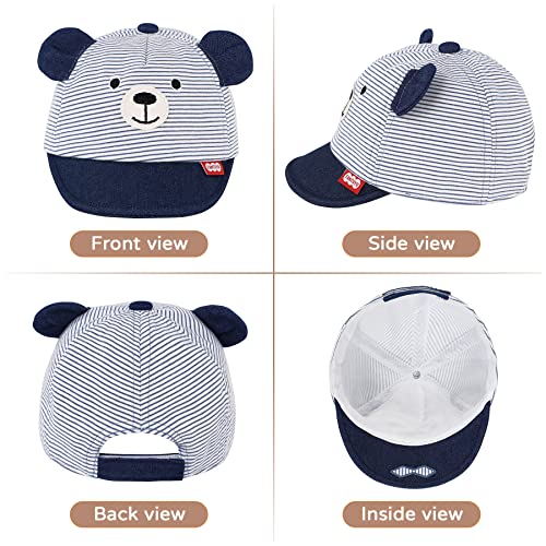 Zando Baby Baseball Cap Newborn Sun Hat With Cute Bear Ear Infant Baseball Hat Soft Cotton Striped Sun Hats For Baby Newborn Hats For Baby Boys Girls Caps Navy Striped Bear 3-12 Months #TOP1