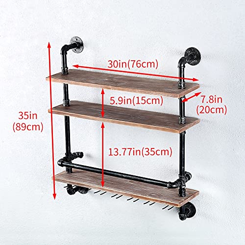 Industrial Hanging Wine Glass Rack Wall Mounted,30In Pipe Shelf Wine Rack With 7 Glass Holder,Rustic Wine Glass Holder Stemware Racks,Pipe Shelving Wood Shelves Floating Wine Glass Shelf #TOP2