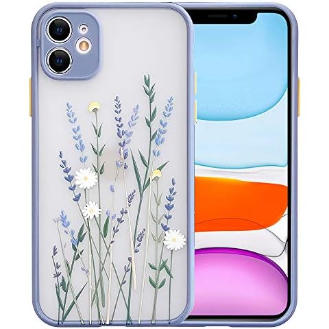 Ownest Compatible for iPhone 11 Case for Flower Clear Frosted PC Back Floral Girls Woman and Soft TPU Protective Silicone Slim Case for iPhone 11-Purple Cover