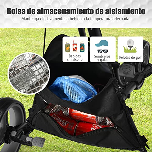 COSTWAY-Carro-de-Golf-de-Empuje-con-3-Ruedas-Carrito-de-Golf-Plegable-con-Bolsa-Recubierta-en-Aluminio-Tira-elastica-Paraguas-Regulable-y-Portavaso-Marcador-y-Freno-de-Pedal