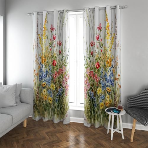 PARREN Flores y Plantas Coloridas Cortinas Opacas Ventana para Puerta Arbustos Tropicales Boho Ojal Tratamiento térmico Impreso para niños W132xL160cm 2 Paneles