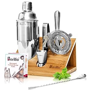 Mixology Bartender Kit Cocktail Shaker Set by Barillio: Drink Mixer Set with Bar Tools, Bamboo Stand Cocktail Mixer Liquor Pourers Mojito Muddler Mixing Spoon Jigger Recipes Booklet