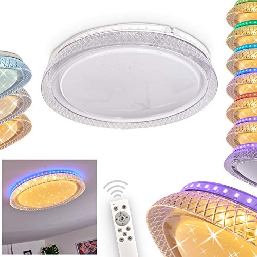 LED Deckenleuchte Fondaco, dimmbare Leuchte aus Kunststoff weiß m. Sternenhimmel-Effekt, runde Deckenlampe m. Fernbedienung u. RGB Farbwechsler, 1 x LED 18 Watt, 2700-6500 Kelvin, max. 2000 Lumen
