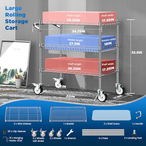 Image of Leteuke 3 Tier Rolling Carts with Wheels, Heavy Duty Rolling Utility Cart
