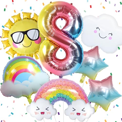 Décoration d'anniversaire arc-en-ciel 8 ans avec ballon hélium géant