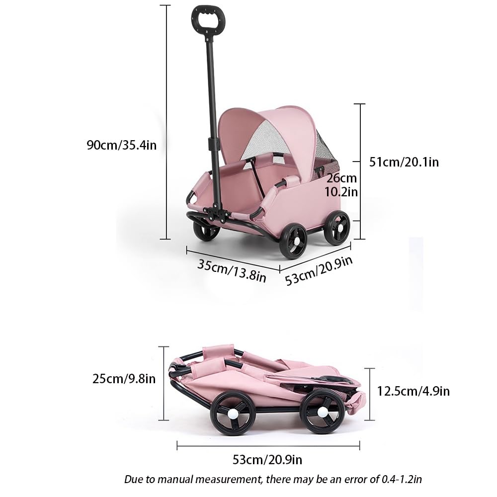 Fresh Color Pet Stroller, Foldable Pet Stroller with 360° Rotating Telescopic Handle, Dog Jogging Stroller with Awning(Pink)