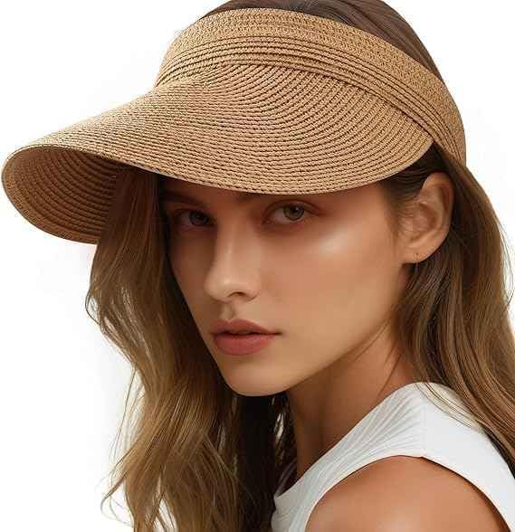 Straw Hat Sun Cap for Women,Wide Brim Beach Hat for Women UV Protection Cap,Summer Packable Topper -UPF 50+, Korean Style Ponytail Topless Sun Visor Khaki