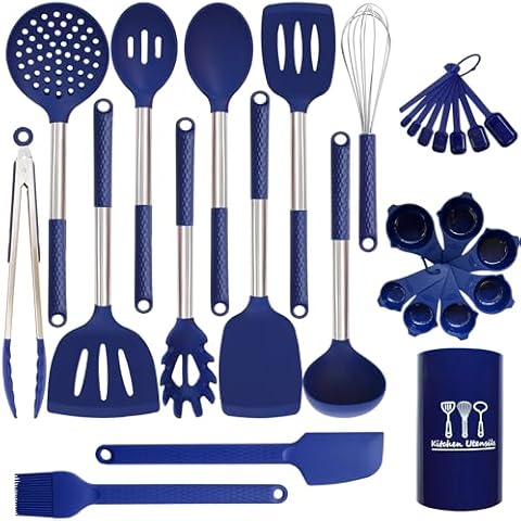 Silicone Kitchen Utensils Set - 28 Pieces Cooking Utensils Set Non-Stick Heat Resistance Silicon with Stainless Steel Handle - Royal Blue Cover