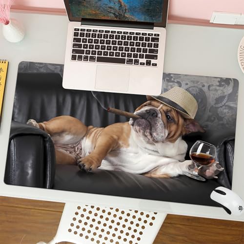 QRFASFZO Mouse Pad 31.5 × 12 inch Extended Large Mouse Mat Desk Pad, Stitched Edges Mousepad,Non-Slip Rubber Base,Happy lazy dog English Bulldog on a leather armchair sofa,Gaming Mouse Pad XL