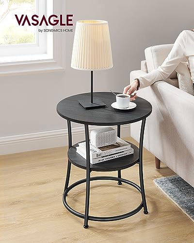 Image of 2-Tier End Table, Nightstand with Steel Frame, Spacious Top for Small Spaces, Living Room, Bedroom, 21.7 inch Diameter, Charcoal Gray
