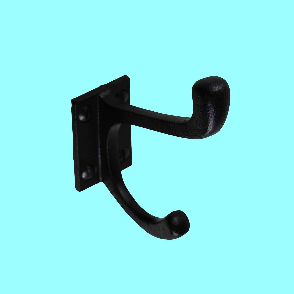 Renovator's Supply Black Wrought Iron Double Coat Robe Hooks 4 Inches Long Rustic Entry Way Hat Or Jacket Hanger Wall Mount Including Complete Mounting Hardware