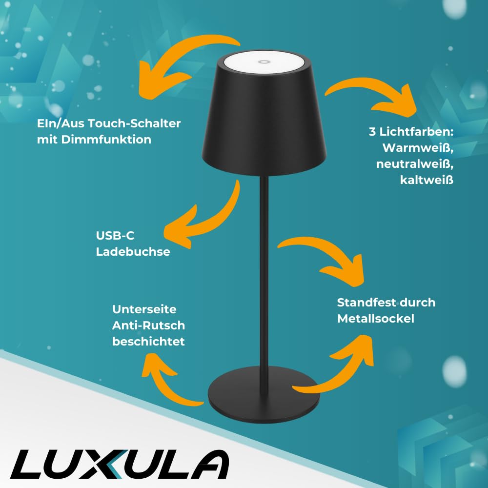 LUXULA Dimmbare LED Tischlampe mit Akku und Touchfunktion - 3 Lichtfarben CCT - Kabellos - Indoor & Outdoor - IP44 - USB - Tischleuchte Außen Camping - 6er Set