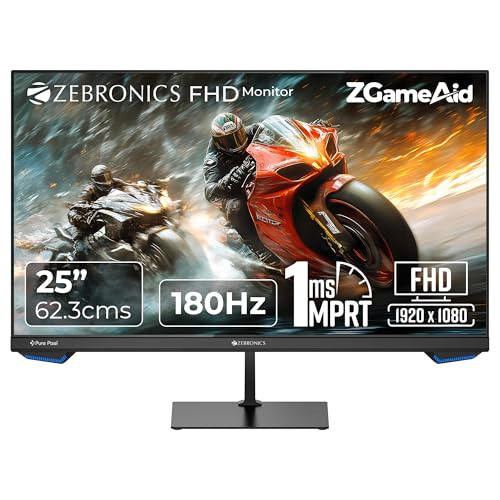 ZEBRONICS N25A 25'(62.3 cm) Gaming Monitor, FHD 1920x1080, IPS-Antiglare Display, 250Nits, 180Hz, 1ms MPRT, HDR10, 99% sRGB | 95% DCI-P3, Adaptive Sync, 1 x DP | 1 x HDMI | 1 x 3.5mm