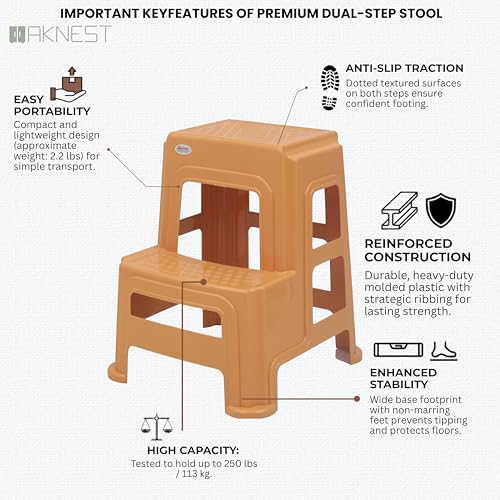 Image of Oaknest Supreme Multipurpose Plastic 2-Step Stool for Kids & Adults - Anti-Slip Lightweight Stepping Stool for Kitchen, Bathroom & Home - Amber Gold, 1 Piece