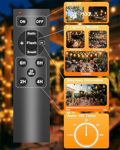 Pesken Solar String Lights Outdoor, Waterproof ST38 LED Patio Lights with Remote & USB Charge, 2700K Dusk to Dawn, Timer & 3 Modes, 54FT Dimmable Solar Powered String Lights for Backyard, Camping - 2
