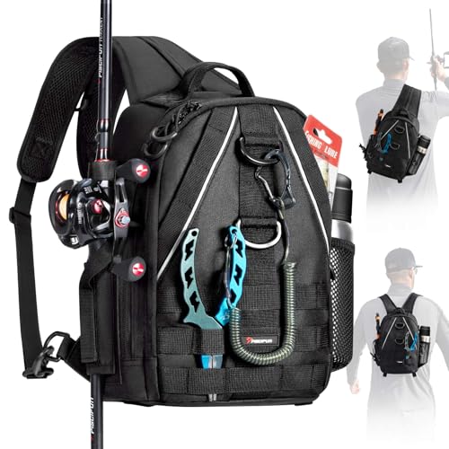 Piscifun Mochila de pesca com suporte para vara e água, bolsa de transporte leve e conversível, resistente à água para atividades ao ar livre, preta