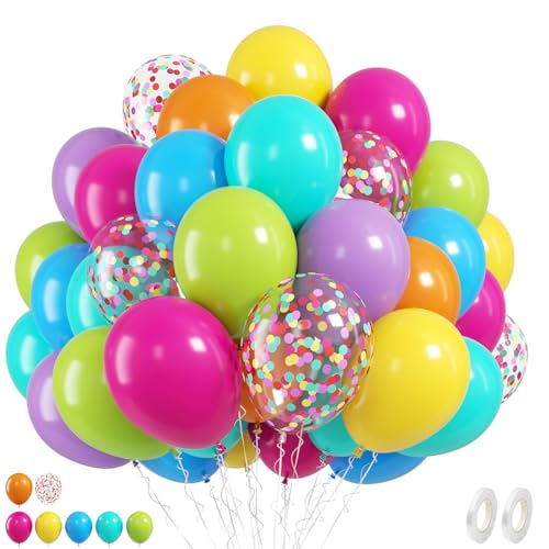 Image of Rainbow Balloons, 50 Pcs Colorful for Summer Birthday Baby Shower Party | 12 Inch Hot Pink Blue Yellow Green Multicolor Confetti Latex Balloons for Rainbow Neon Back to School Pool Party Decorations