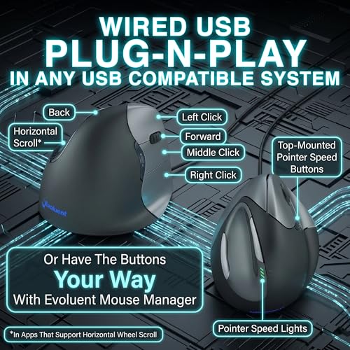 Image of Evoluent - World's Original Vertical Mouse, Wired Ergonomic Mouse for Right Hand, Medium to Large, Helps with Carpal Tunnel and Wrist Strain, Customizable 6 Buttons, 4 Speed Settings, Comfortable Grip