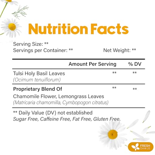 Image of FreshDrinkUS, Premium 75 Tea Bags Tulsi Chamomile Lemongrass Herbal Tea | Blend with Holy Basil, Chamomile Flowers & Lemongrass Leaves - Naturally Caffeine-Free, Soothing Herbal Infusion. Vegan