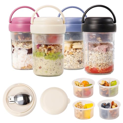 UWILLION 4 Pack Overnight Oats Containers with Handles, 16 oz Glass Mason Jars with Lids, Folding Spoons & Topping Compartments, Yogurt Parfait Cups for Weekly Meal Prep, Chia Pudding & Snacks