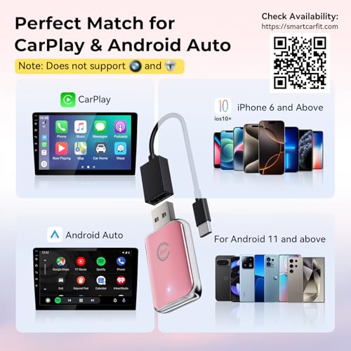 Image of CZOCPOS Wireless Carplay Adapter for iPhone, 2 in 1 Plug and Play Mini CarPlay and Android Auto Adapter for iOS 10 Android 11 and Above, Convert Wired Car Play to Wireless (Pink)