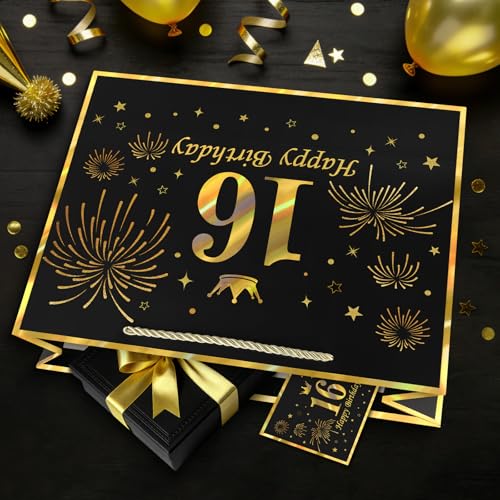 Image of JMANNI Black Gold 16th Birthday Gift Bag with Card and Tissue Paper, 12.6 inchx9.84 inchx3.9 inch Elegant Present Bag for Teens, 16 Year Old Birthday Keepsake Party Supplies