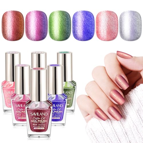 Image of SAVILAND Chameleon Nail Polish Set: 6 Colors Aurora Shimmer Fingernail Polish Holographic Green Purple Red Glitter,Fast Quick-Dry Nail Lacquer Manicure Art Kit for Toe DIY Salon Home 10ml