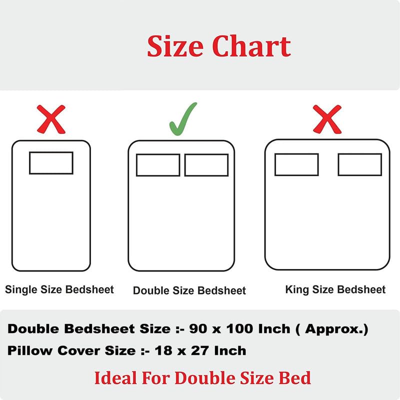 Image of Polycotton Double Bed Bedsheet, Flat Sheet with 2 Pillow Covers, Queen (90x100 inch), 300 TC, Green & Orange, Set of 3