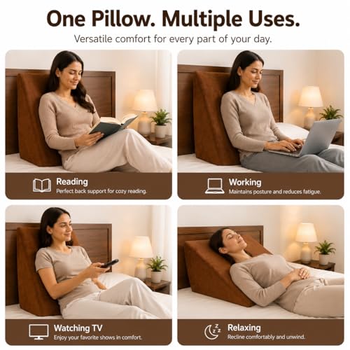 Image of Wedge Pillow for Bed | Back & Neck Support Pillow for Sleeping & Reading | Bed Wedge Pillow for Acid Reflux, Back Pain & Legs Elevation | Pregnancy Support Pillow with Comfortable Foam - Brown