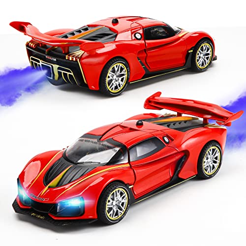 Zoofield Alloy Car 1/24 Scale Die Cast Car Sport Car Model Pull Back Metal Toys Car Fog Stream Lights Sounds Collectible Toys Vehicle for Adults and Kids Gifts for Boys Girls (Red)